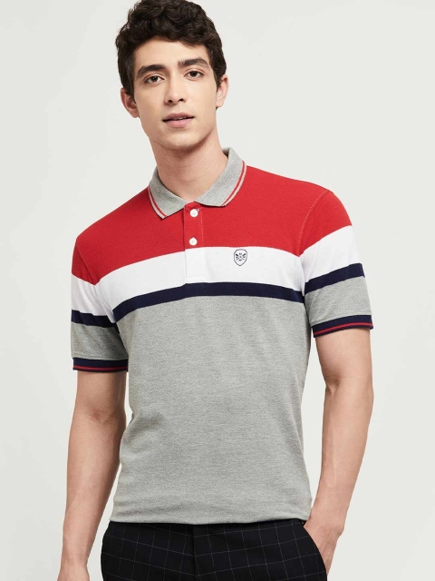 

max Men Grey Melange & Red Striped Polo Collar T-shirt