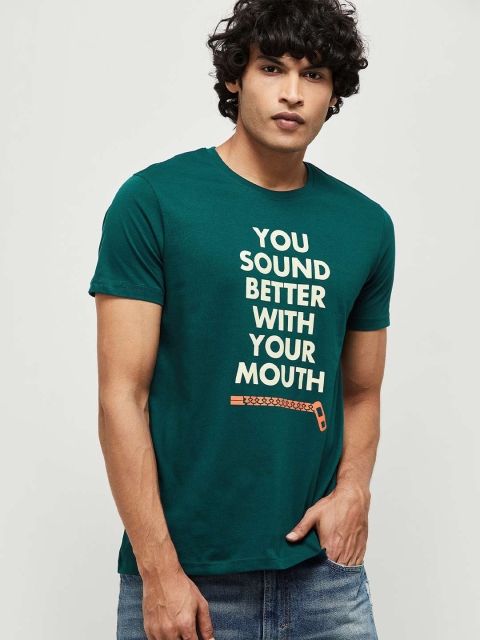 

max Men Teal Green Printed Round Neck T-shirt