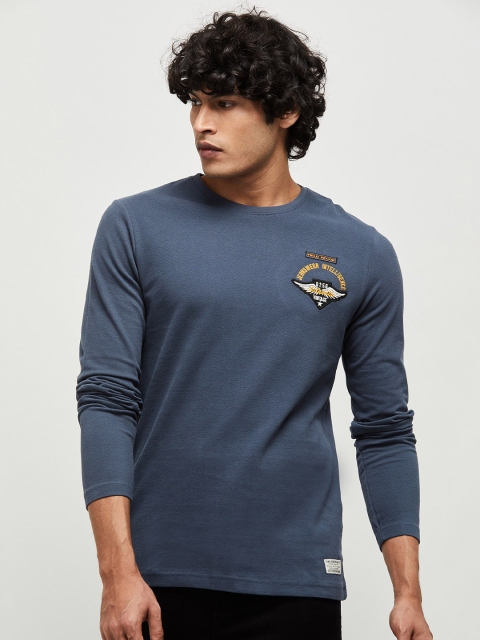 

max Men Blue Solid Round Neck T-shirt