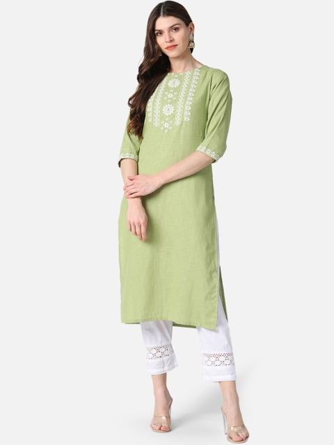

AHIKA Women Green & White Embroidered Kurta with Trousers