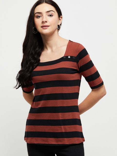 

max Women Black & Rust Brown Striped Round Neck T-shirt