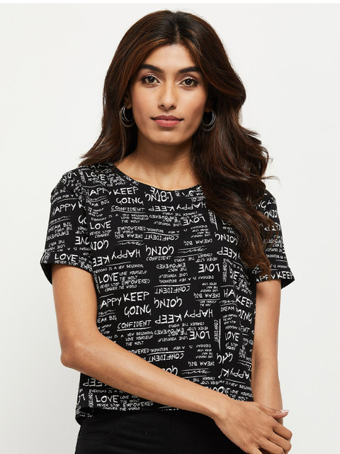 

max Women Black & White Printed Round Neck T-shirt