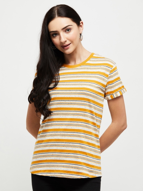 

max Women Yellow & White Striped Round Neck T-shirt