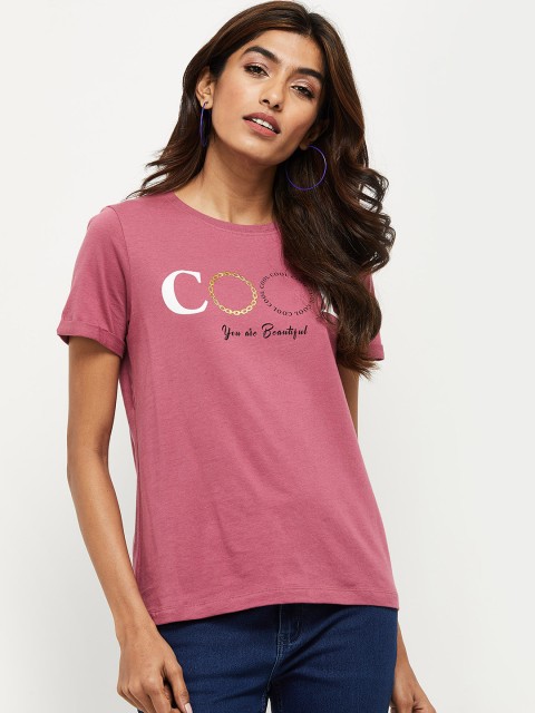 

max Women Pink Printed Round Neck T-shirt