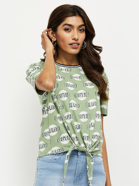 

max Women Green Printed Round Neck T-shirt