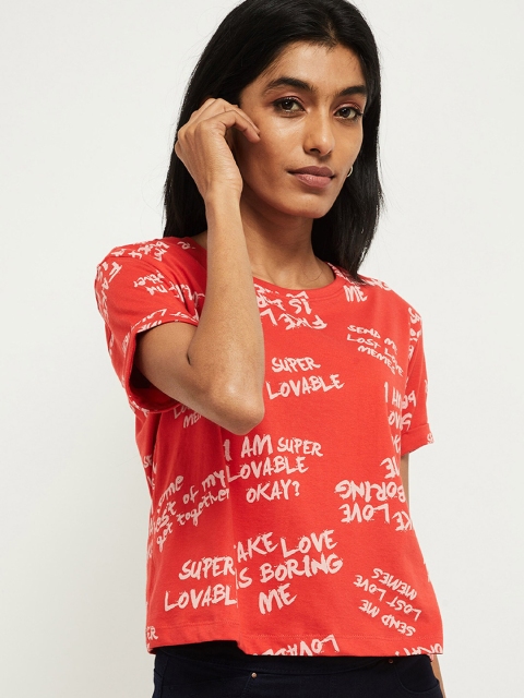 

max Women Red Printed Round Neck T-shirt