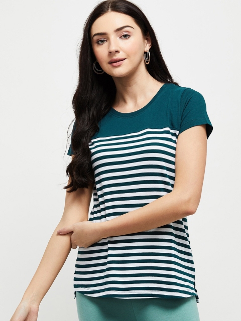 

max Women Teal Blue & White Striped Round Neck T-shirt