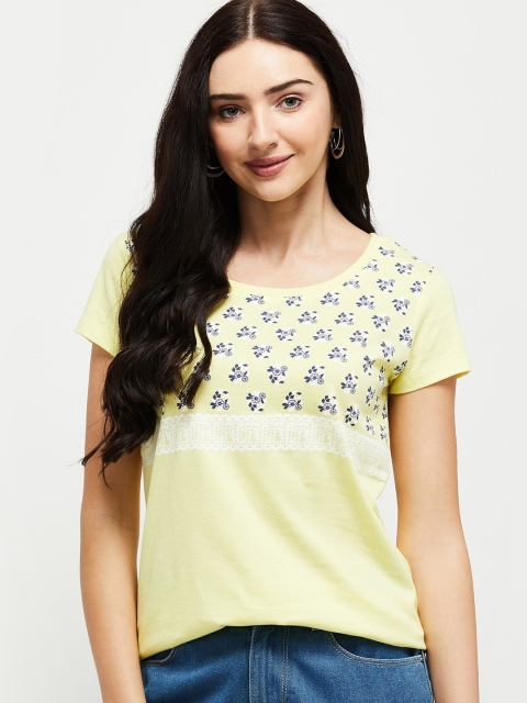 

max Women Yellow & Blue Floral Printed Round Neck T-shirt