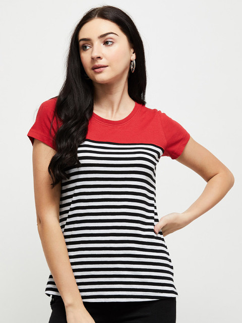 

max Women Black & White Striped Round Neck T-shirt
