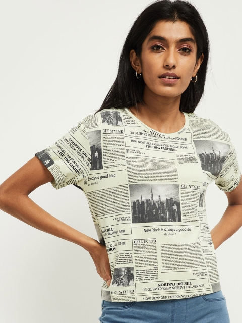 

max Women Green & Black Printed Round Neck T-shirt