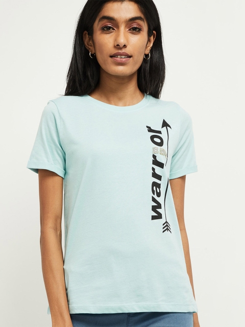 

max Women Blue Printed Round Neck T-shirt