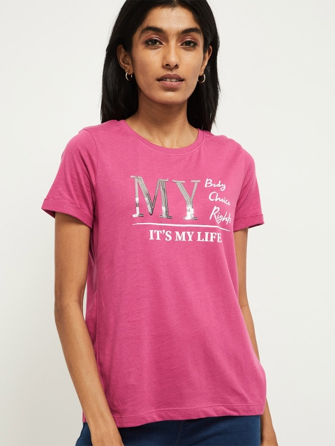 

max Women Fuchsia Pink Printed Round Neck T-shirt