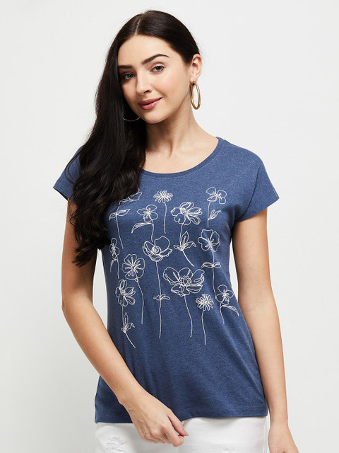 

max Women Blue & White Printed Round Neck T-shirt