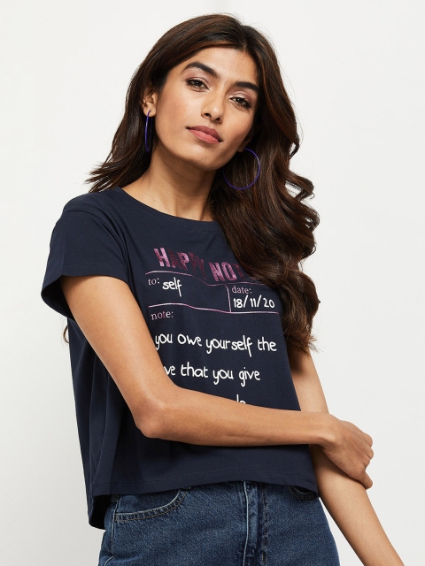 

max Women Navy Blue Printed Round Neck T-shirt