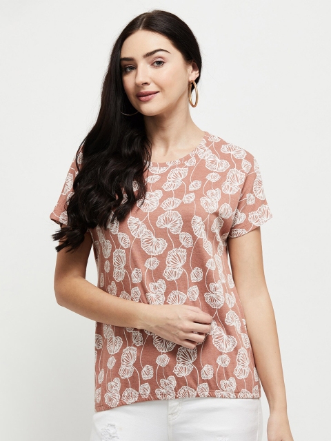 

max Women Brown & White Floral Printed Round Neck T-shirt