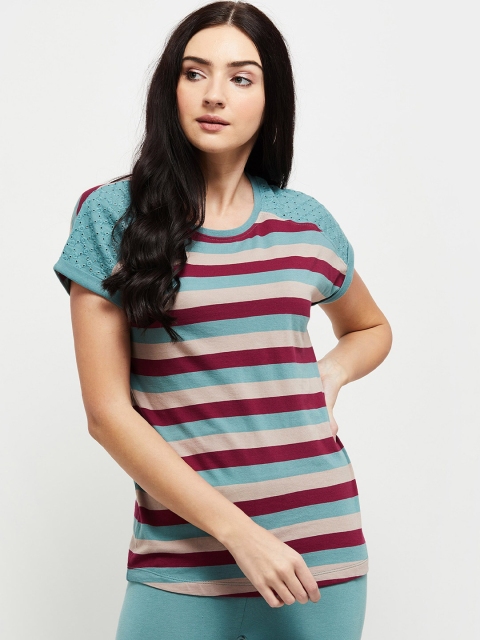 

max Women Blue & Maroon Striped Round Neck T-shirt