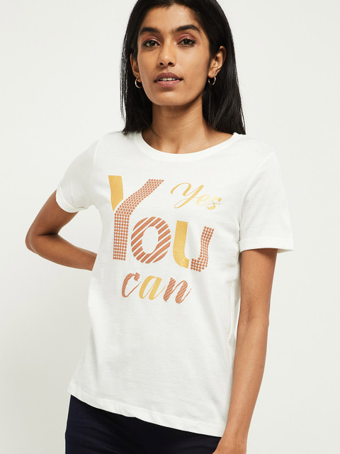 

max Women White Printed Round Neck T-shirt