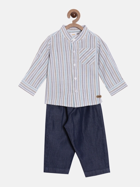 

Aomi Boys White & Navy Blue Striped Shirt with Trousers