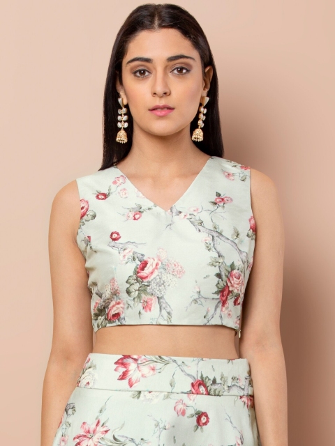 

INDYA Green Floral Printed Top & Skirt Set
