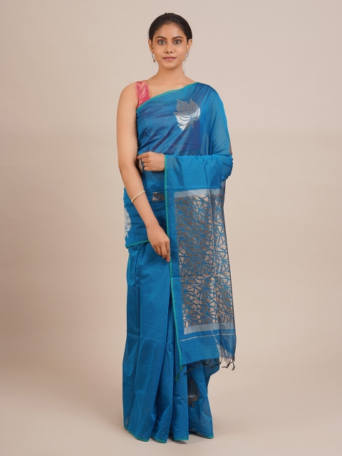 

Pothys Blue & Silver-Coloured Silk Cotton Woven Design Saree