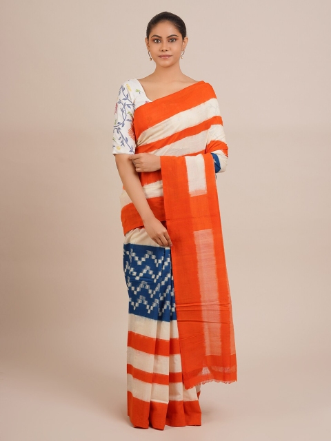 

Pothys Cream-Coloured & Orange Pure Cotton Striped Sambalpuri Saree