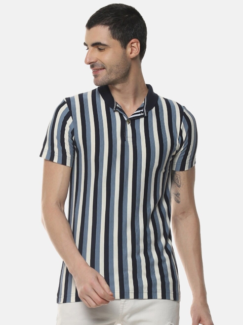 

Campus Sutra Men White & Navy Blue Striped Polo Collar T-shirt