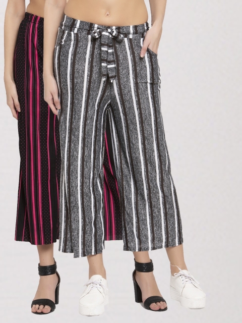 

KLOTTHE Women Pack of 2 Grey & Magenta Striped Wide Leg Palazzos
