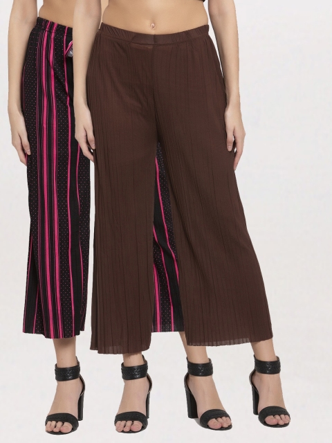 

KLOTTHE Women Set Of 2 Navy Blue & Brown Printed Wide Leg Palazzos