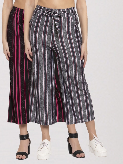 

KLOTTHE Women Pack of 2 Black & Grey Striped Wide Leg Palazzos