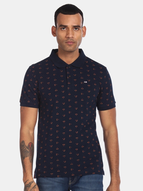 

Arrow Sport Men Navy Blue & Mustard Yellow Pure Cotton Printed Polo Collar T-shirt