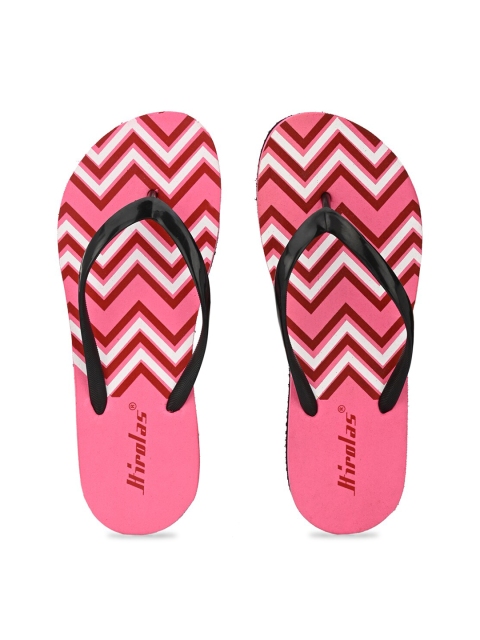 

HIROLAS Women Pink & Black Printed Thong Flip-Flops