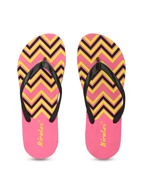 

HIROLAS Women Pink & Yellow Printed Thong Flip-Flops