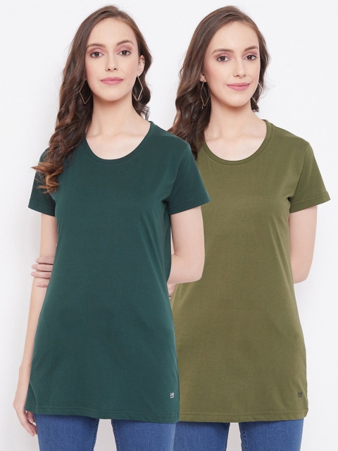 

Okane Women Pack of 2 Green Solid Round Neck Longline T-shirts