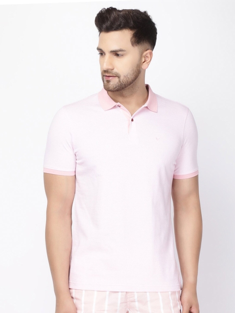 

Blackberrys Men Pink & White Slim Fit Self-Striped Polo Collar T-shirt
