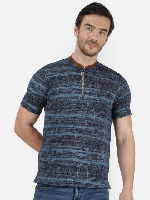 

Monte Carlo Men Blue Printed Mandarin Collar T-shirt