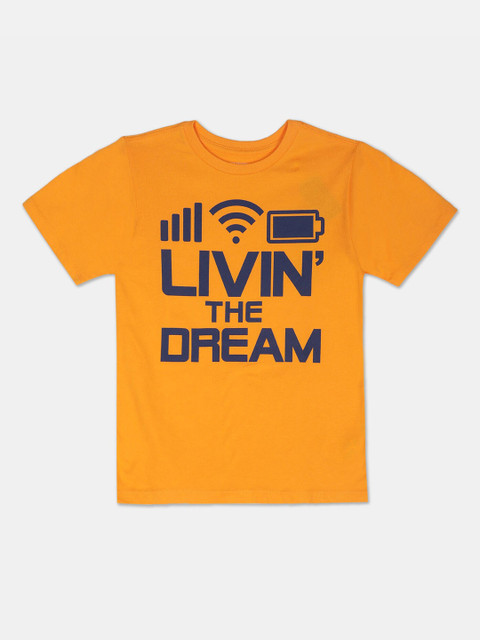 

The Childrens Place Boys Mustard Orange & Blue Cotton Printed Round Neck T-shirt