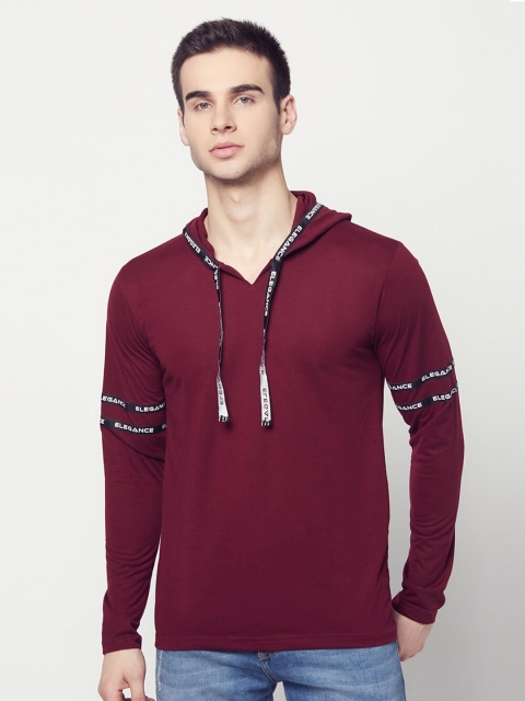 

ELEGANCE Men Maroon Solid Hood T-shirt