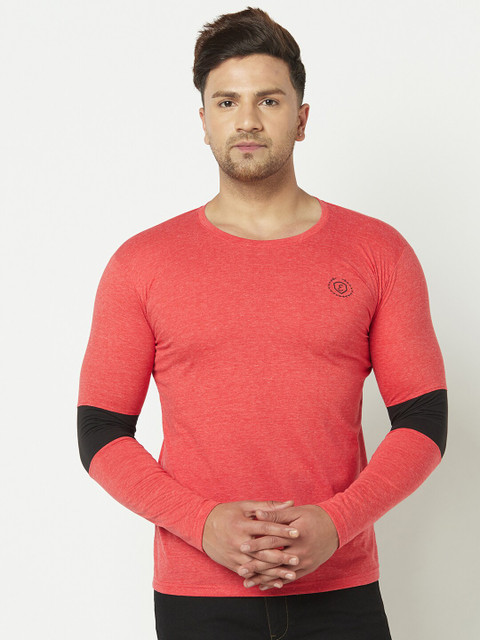 

ELEGANCE Men Coral Red Solid Round Neck T-shirt