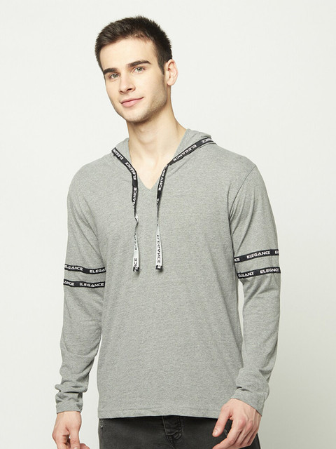 

ELEGANCE Men Grey Melange Solid Hood T-shirt