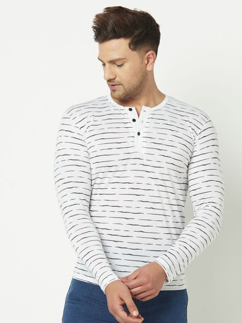 

ELEGANCE Men White Striped Henley Neck T-shirt