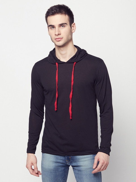 

ELEGANCE Men Black Solid Hood T-shirt