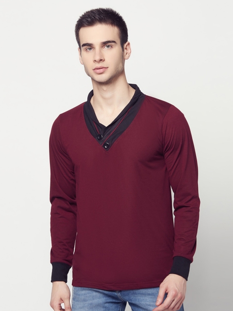 

ELEGANCE Men Maroon Solid V-Neck T-shirt