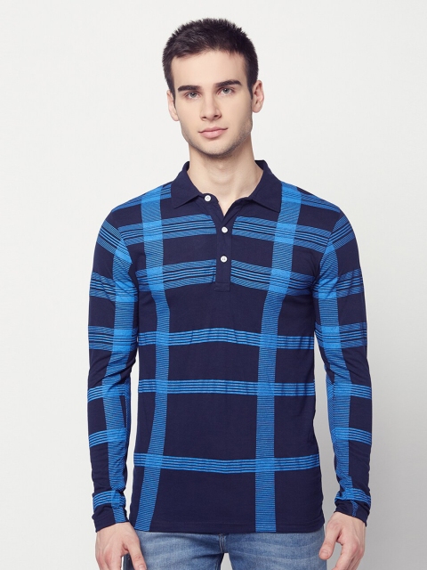 

ELEGANCE Men Navy Blue Checked Polo Collar T-shirt