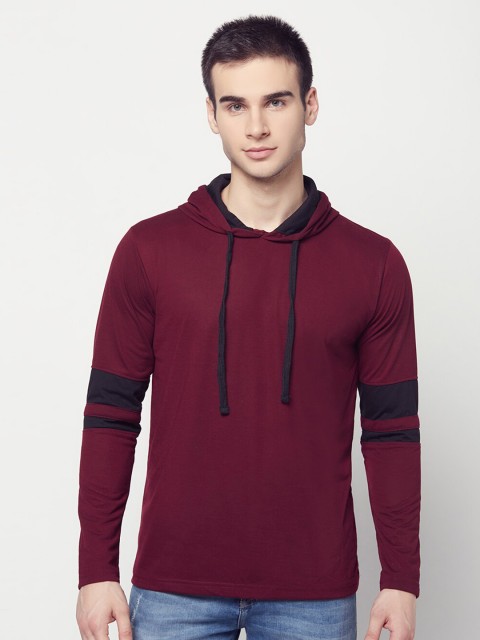 

ELEGANCE Men Maroon Solid Hooded T-shirt