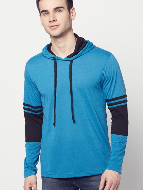 

ELEGANCE Men Blue Solid Hooded T-shirt