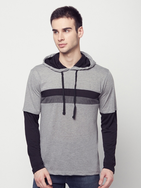 

ELEGANCE Men Grey Melange & Black Striped Hooded T-shirt