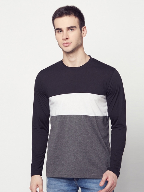 

ELEGANCE Men Black & Charcoal Grey Colourblocked Round Neck T-shirt