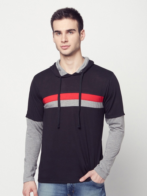 

ELEGANCE Men Black Striped Hood T-shirt