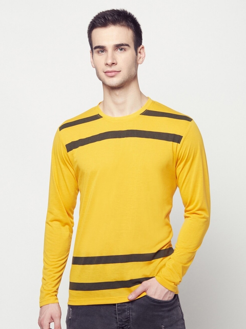 

ELEGANCE Men Mustard Yellow & Black Striped Round Neck T-shirt
