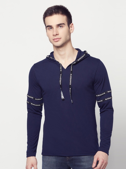 

ELEGANCE Men Navy Blue Solid Hooded T-shirt
